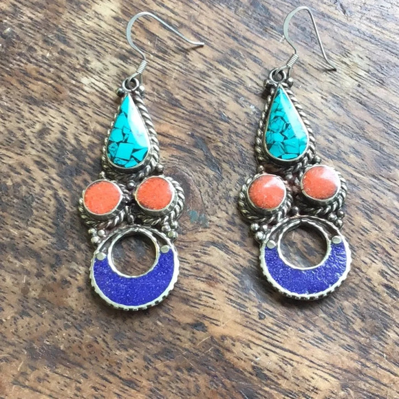 Beautiful sterling with turquoise corsl and blue lapis earrings - Picture 1 of 4